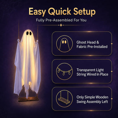 Halloween Decorations Outdoor - 5FT Large Hanging Swing Ghost with Remote Control String Lights & Upgraded Sheet, Scary Ghost Halloween Party Decor Outside for Tree Porch Yard Garden Lawn