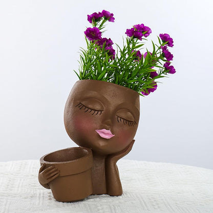 Rivonthex Face Planter Pot with Dual Compartments, Resin Lady Head Planter with Drainage Holes, 6.3 x 4.3 x 6.7 in, Two Openings 3.2 in and 2.4 in, for Succulents Indoor Outdoor, Brown