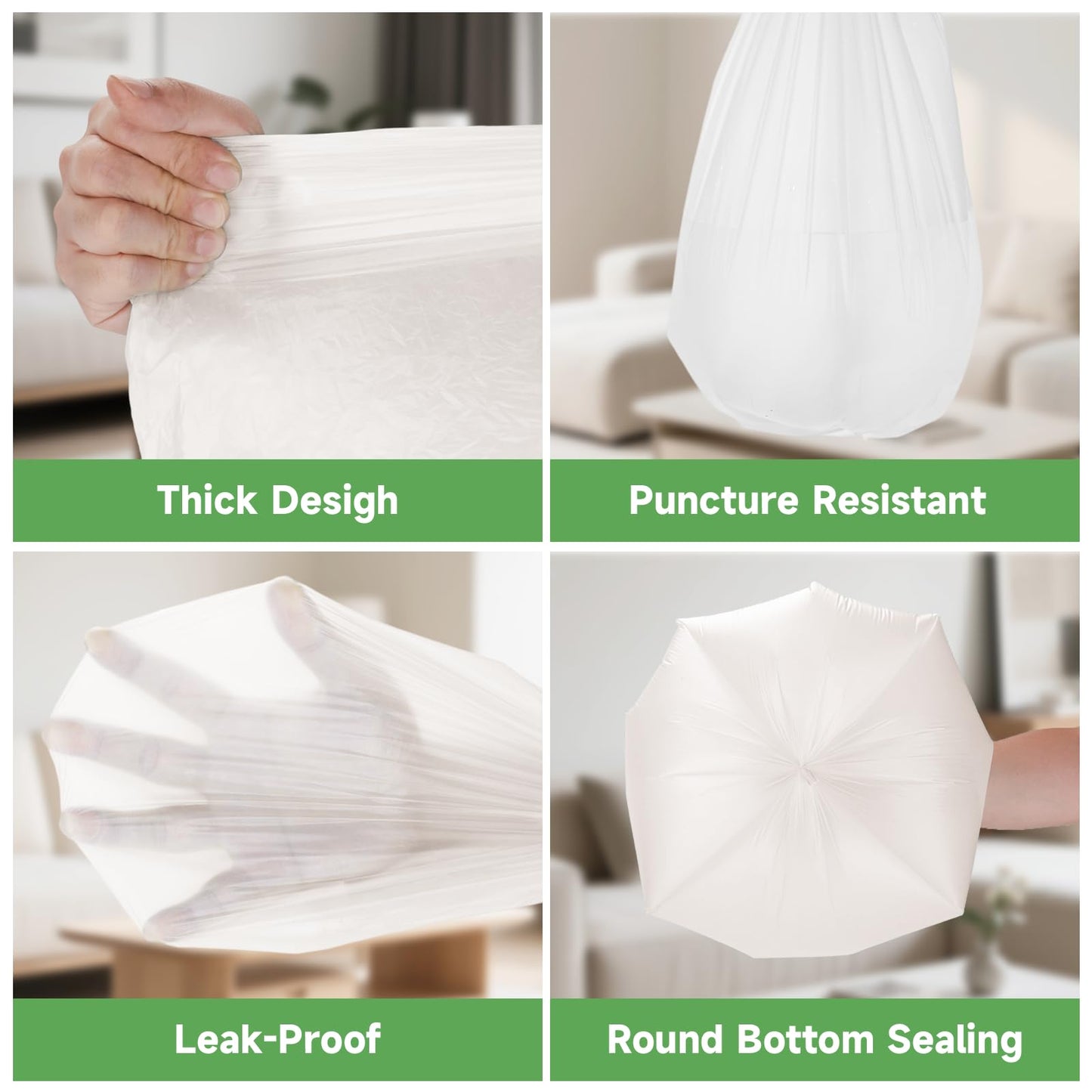 4 Gallon Small Trash Bags Biodegradable - Unscented 100-Pack White Garbage Bag with Handles Strong Thick Can Bin & Waste Basket Liner for Kitchen, Pet Area, or Home Office Heihaily