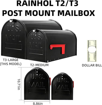 Mirok Large Mailboxes for Outside Post Mount, Black Galvanized Steel Heavy Duty Metal Mailbox, Rust-Resistant Large Capacity Mail Boxes for House Outside, 22 x 10.7 x 8.9 Inches