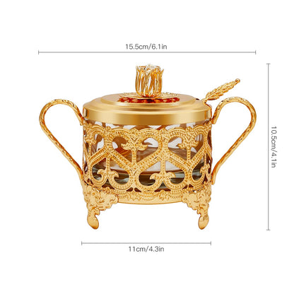 Flylin Sugar Bowl, Turkish Sugar Bowl Sugar with Sugar Spoon and Lid Dual Holder Bowl Condiment Pot Spice Glass Jar Coffee Bar Accessories Sugar Container for Home and Kitchen