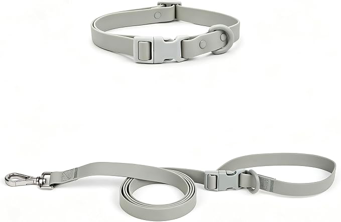 Ovale Waterproof PVC Dog Collar&Leash Set,Leash with Buckle.(M, Grey) | Durable PVC Material Easy to Clean, Multi Ways to Wear Hand/Waist/Shoulder