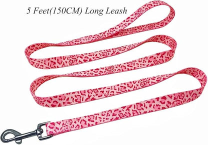 Dog Collar Leash Set, Leopard Pattern, Polyester Material, Adjustable Collar and 5ft Matching Leash, for Puppy Dogs.(XS, Pink Leopard)