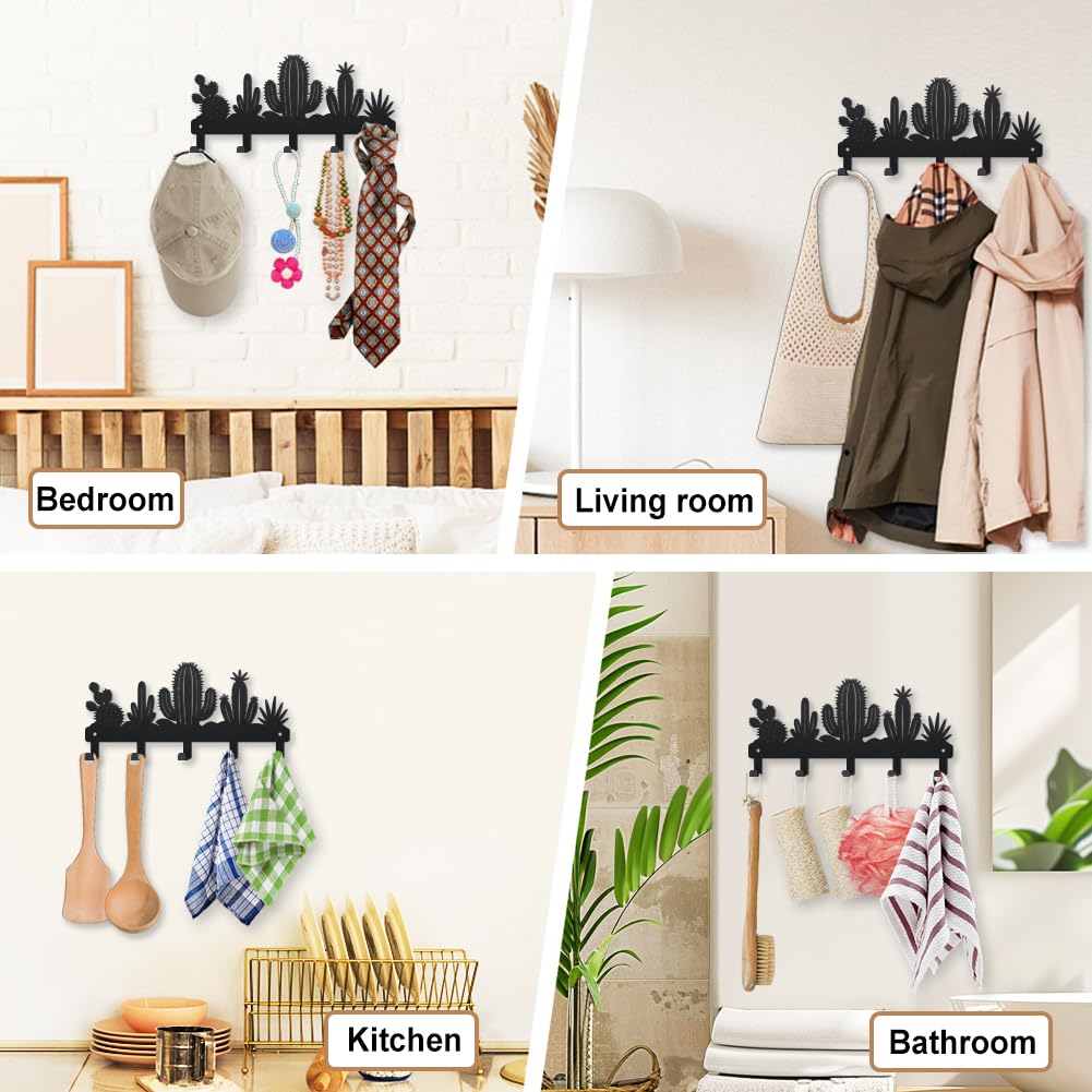 MAYJOYDIY Desert Cactus Key Holder Wall Mount Black Metal Hook Coat Hanger