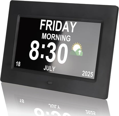 Digital Dementia Clocks for Seniors, 7 Inch, Black | Day Date Time Large Display for Poor Vision Easy Read, Medication Reminder Alarm, Spanish 10 Languages, Alzheimer Gifts
