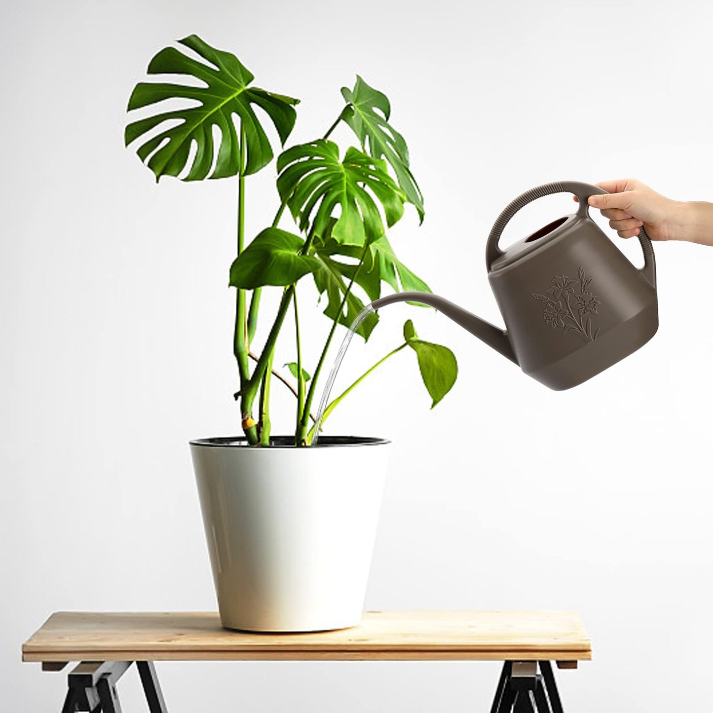 Fasmov 1-Gallon Plastic Watering Can with Comfortable Handle, Garden Watering Cans Long Spout for Indoor Outdoor Watering Plants, Gray