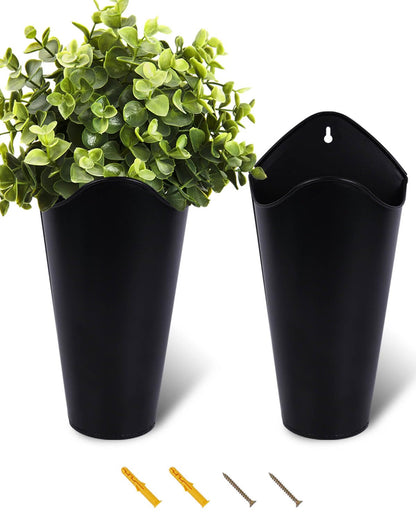 vensovo 12 Inches Galvanized Wall Planters - 2 Packs Metal Tin Vases for Flowers Indoors, Farmhouse Hanging Planter Tall Flower Holder for Country Decor Outdoors, Black