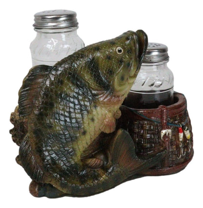 Ebros Gift Nautical Marine Fisherman Sea Bass Fishing With Tackle Box Wicker Saddle Bags Salt and Pepper Shakers Holder Figurine Set for Rustic Cabin Lodge Restaurant Bar Kitchen Decor