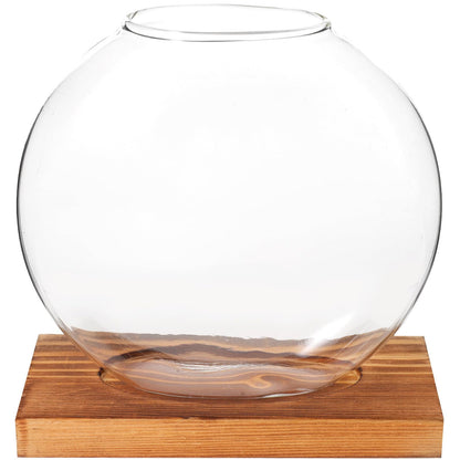 PRETYZOOM Glass Hydroponic Flower Vase with Retro Wood Base, Tabletop Floral Arranging Planter for Office and Home Décor, Glass Terrarium for Indoor Plant Display