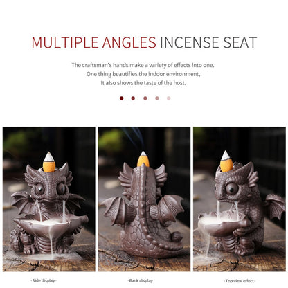 Ceramic Dragon Incense Burner, Cute Dinosaur Backflow Incense Holder with 20 Incense Cones, Tweezers, Mat, Aromatherapy Home Decoration for Spa Yoga Meditation (Brown)