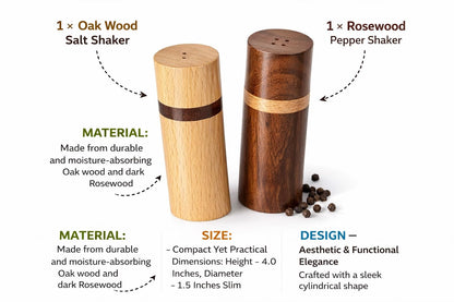 Wooden Salt & Pepper Shaker Set of 2 | Premium Oak & Rosewood | Tabletop Spice Shakers for Dining Table & Kitchen