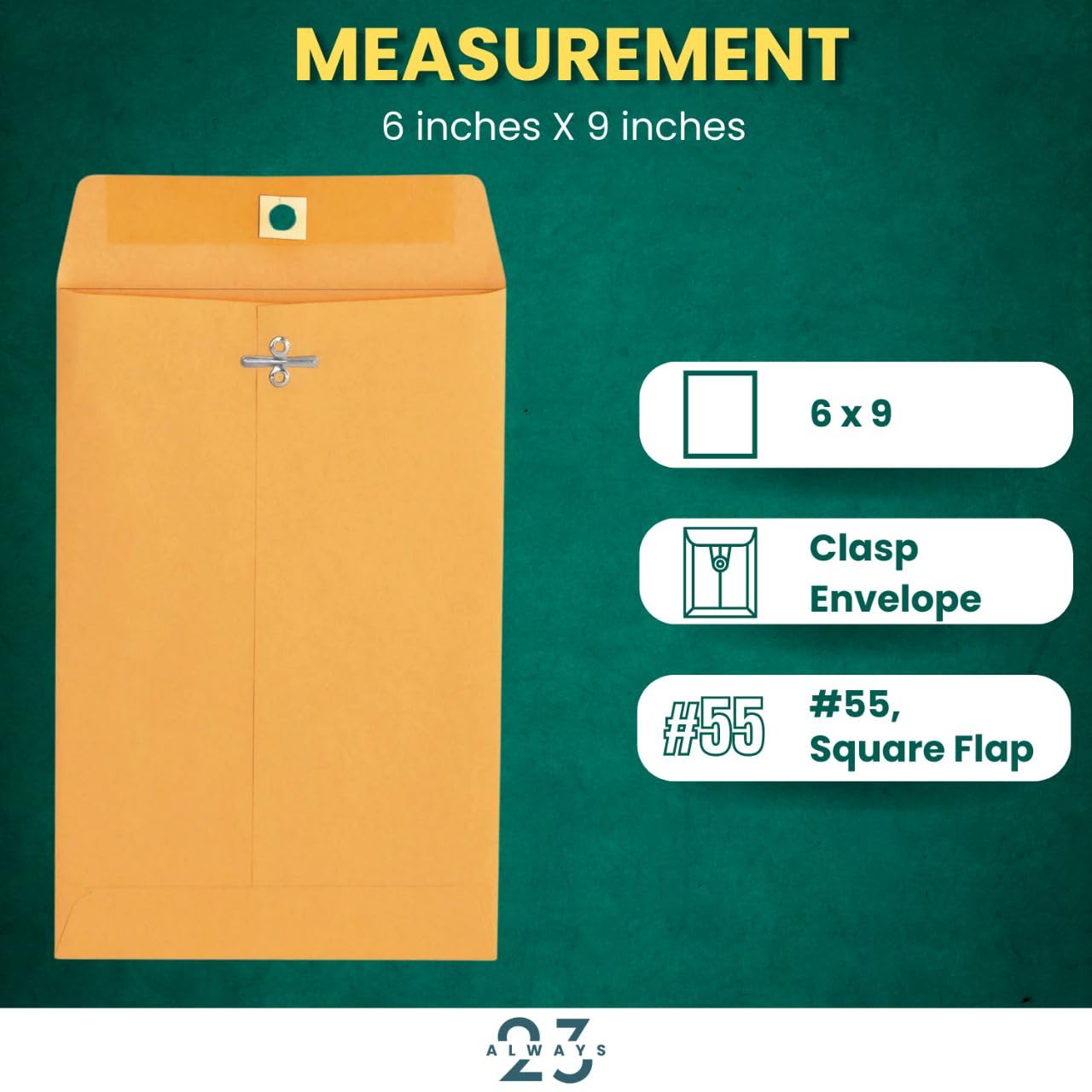 Always23 Clasp envelope, Kraft Envelope, Mailing Envelopes, Clasp Closure & Double Seal, 6 X 9, #55 Brown Kraft, 100/box