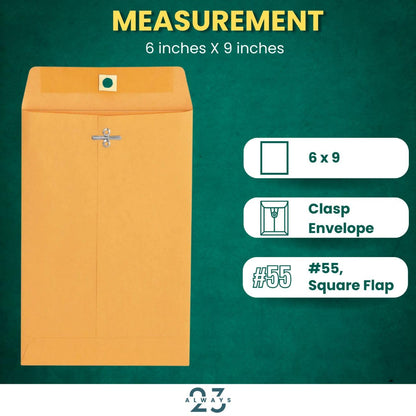 Always23 Clasp envelope, Kraft Envelope, Mailing Envelopes, Clasp Closure & Double Seal, 6 X 9, #55 Brown Kraft, 100/box
