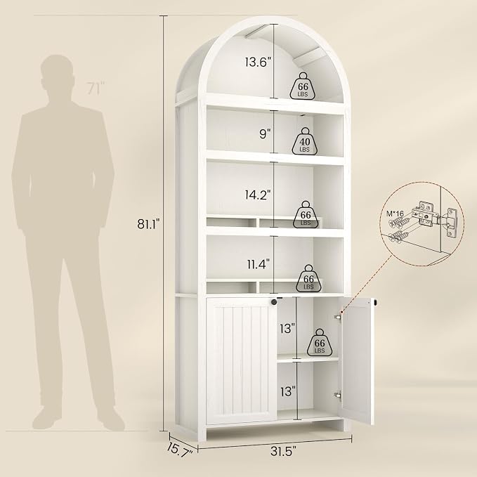 81" Tall Arched Cabinets,Bookcase with storage,Mid-Century Modern 6-Tier Bookshelf with Door,2 Book Risers and Adjustable Shelves give more storage space for Living Room,Home Office Antique White