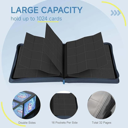 Card Binder with 1024 Cards,16 Pocket Trading Card Binder Includes 32 Page Storage Sleeves,Collection Card Album,Card Holder to Organize and Protect Cards,Navy Blue