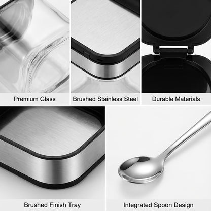 SvaTao Condiment Jar Spice Container with 304 Stainless Steel Lids and Spoons,Clear Glass Condiment Canisters Pots Seasoning Box Salt Container Sugar Bowl Set of 3 for Kitchen, Counter, Food Storage