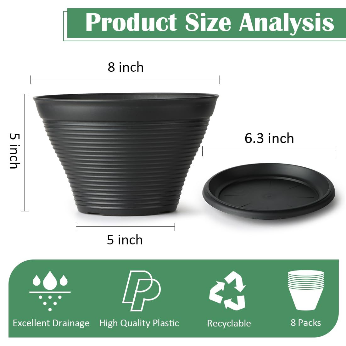 RooTrimmer 8 Inch Plastic Plant Pots with Saucers 8 Pack, Flower Pots with Drainage Holes, Sturdy Planter Pots for Indoor Outdoor, Modern Decorative Gardening Pots for Planting House Plants, Black