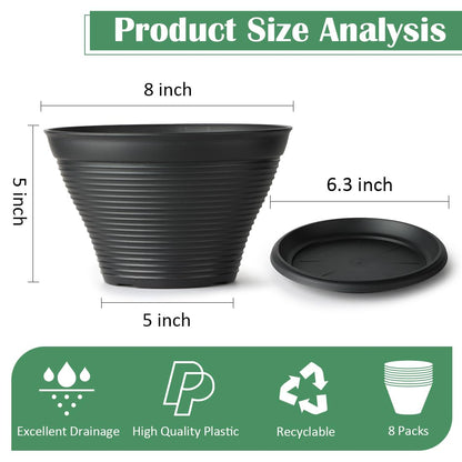 RooTrimmer 8 Inch Plastic Plant Pots with Saucers 8 Pack, Flower Pots with Drainage Holes, Sturdy Planter Pots for Indoor Outdoor, Modern Decorative Gardening Pots for Planting House Plants, Black