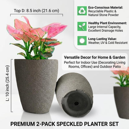 10 inch Garden Planter Lightweight Indoor Outdoor Pots with Drainage Hole for Potted Plants Flowers Greenery, Set of 2 (Speckled Grey)