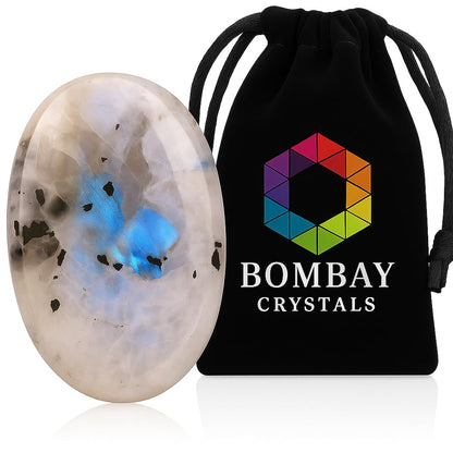 Natural Polished Thumb Palm Crystal for Meditation, Rainbow Moonstone Worry Stone for Stress Relief, Anxiety Support & Pocket Reiki Healing