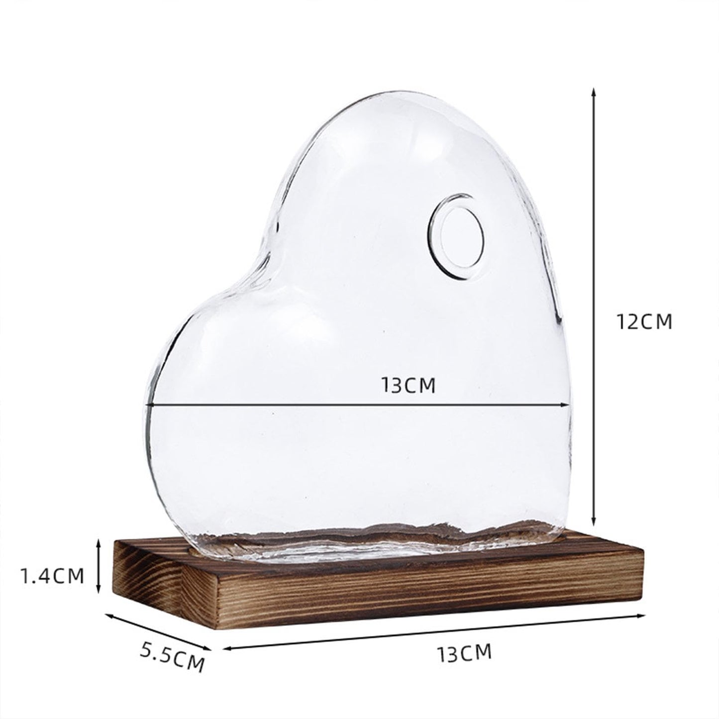 Heart Shaped Glass Vase with Wooden Base, Plant Terrarium Propagation Station for Windowsill Desk Decor (5.1x4.7 inch)
