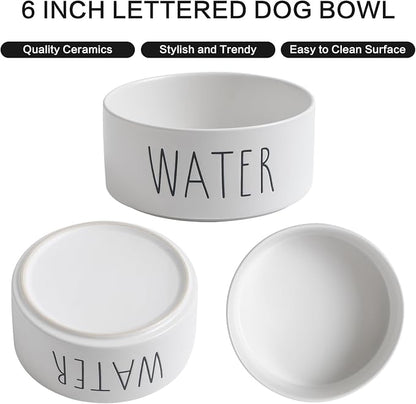Elevated Ceramic Dog Bowls Set - Food & Water Lettering Raised Dog Bowl with Non-Slip Bamboo Stand for Small and Medium Dogs, Weighted Dogs Dishes Pet Bowls (6 inch, 2 * 30oz, White)