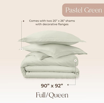 100% Organic Cotton Duvet Cover Queen Size - Naturally Soft Lightweight & Cooling Duvet Cover Set with Decorative Shams - Premium GOTS Certified 300 Thread Count Sateen Weave (Pastel Green, Queen)