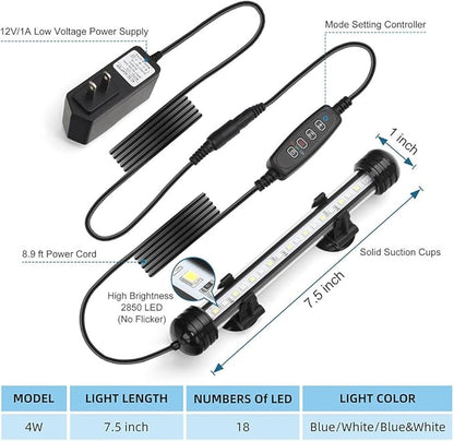 LED Submersible Aquarium Light 4W Underwater Fish Tank Light with Blue White&Blue and White Three Light Modes Timer Automatic On/Off and Dimmer Brightness Adjustable (7.5inch)