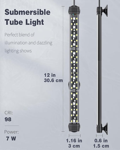 Pawfly 6.5 W Aquarium LED Light 12 Inch 24/7 Fish Tank Light with Full Spectrum IPX8 Waterproof Lights Multi-Colored LEDs with D/N Mode Single Color Effects Timer and Adjustable Brightness