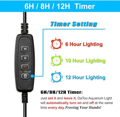 DaToo Aquarium Light Small LED Clip Light for Fish Tank 7W with Timer&Dimmer, 1 Yr Warranty