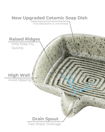 Self Draining Soap Dish, Ceramic Drain Soap Holder Waterfall Design Soap Saver for Shower, Bathroom, Sink, Kitchen and Countertop, Keeps Dry, Speckled Glaze