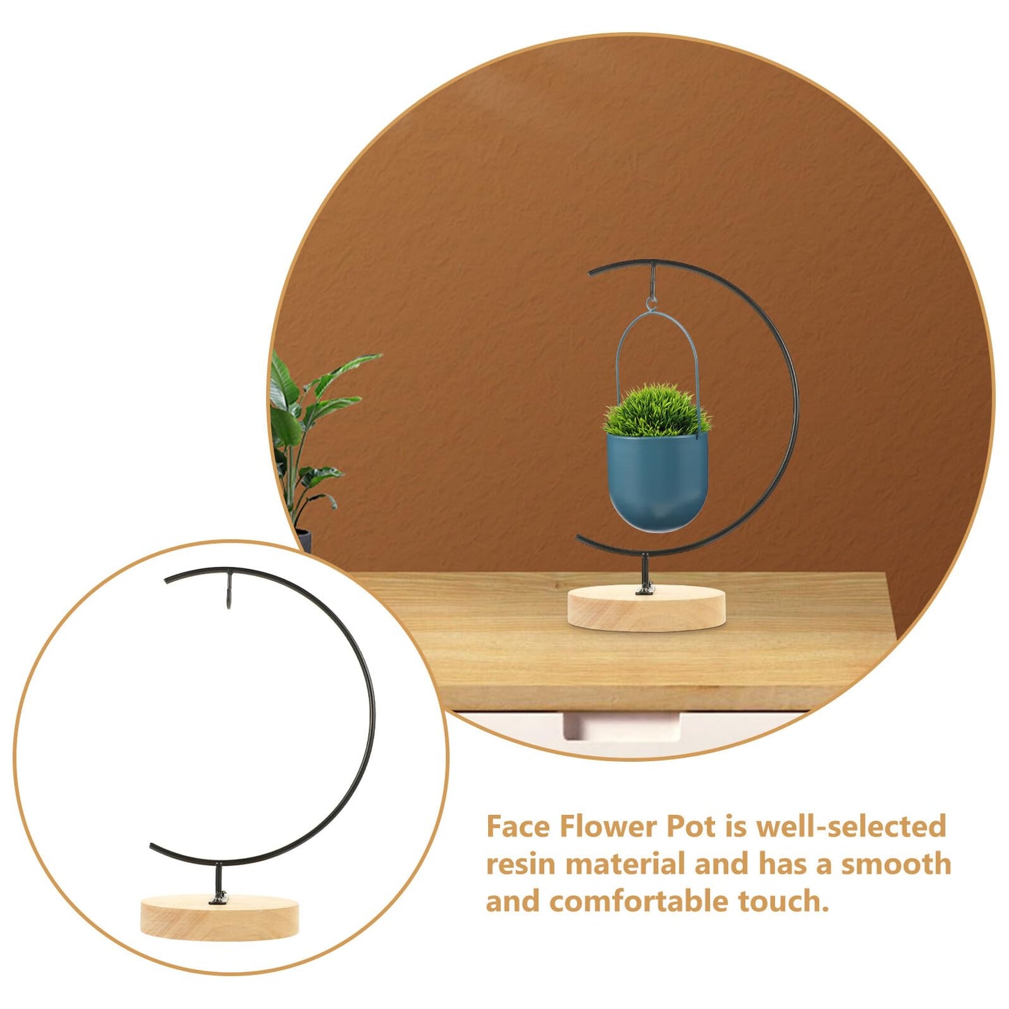 OSALADI Glass Flowerpot Desktop Stand with Wooden Base, Moon-shaped Iron Terrarium Hanging Bracket for Indoor Plant Display and Ornament Holder