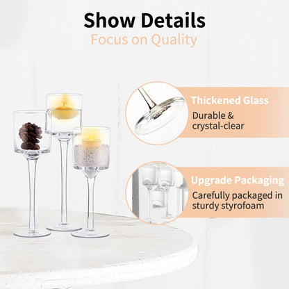 NUPTIO Tealight Candle Holders Glass: Set of 3 Long Stemmed Candle Stands for Dinner Table Centerpiece - Monet Candleholders Pillar Floating Candles