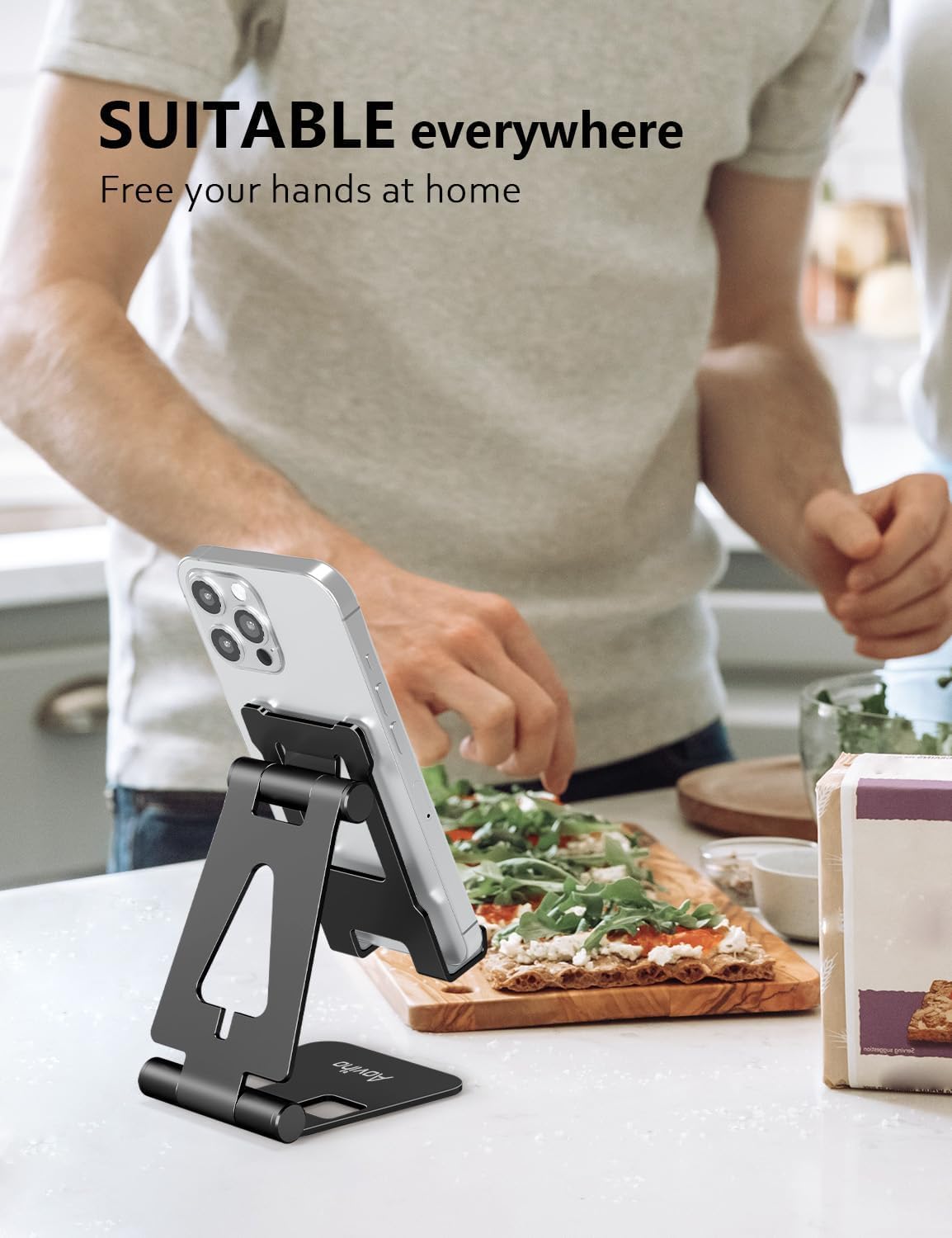 Aoviho Cell Phone Stand for Desk, Adjustable Desktop Phone Holder Stand, Foldable Moblie Phone Dock for iPhone 15 14 13 12 11 Pro Xs Max Xr X 8 7 6 5 5s SE Nintendo Switch All Phones, Black
