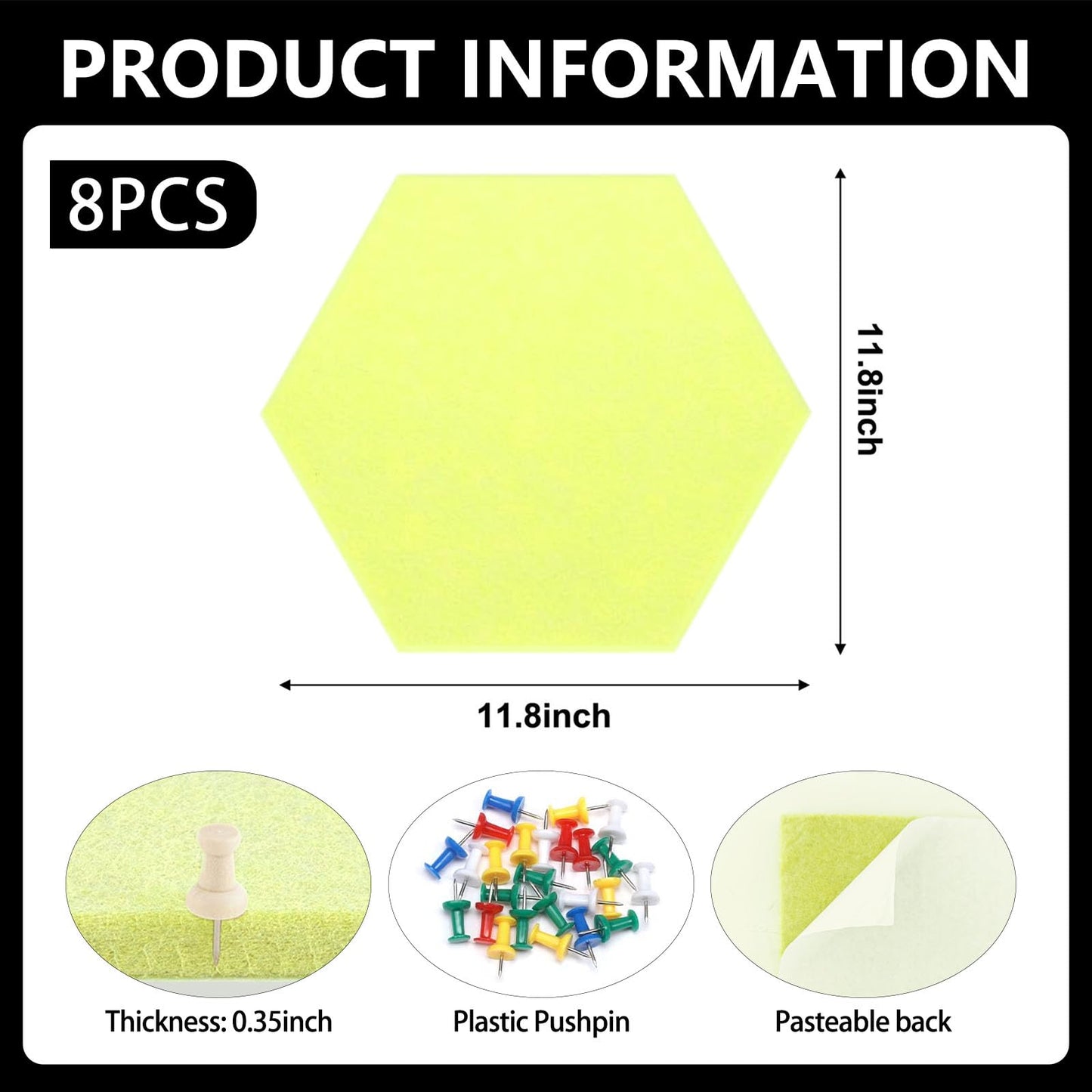 8 Packs Yellow Hexagon Felt Pin Board, 12" Bulletin Board with 30 Push Pins, Felt Board for Home Kitchen Office Decor, Self-Adhesive Corkboard Tiles for Walls Message Photos Memos Display
