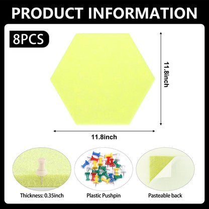 8 Packs Yellow Hexagon Felt Pin Board, 12" Bulletin Board with 30 Push Pins, Felt Board for Home Kitchen Office Decor, Self-Adhesive Corkboard Tiles for Walls Message Photos Memos Display