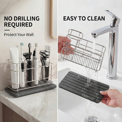 Cong He Toothbrush Holder for Bathroom Countertop, Stainless Steel Electric Toothbrush Organizer with Quick-Drying Diatomite Stone Mat, Rustproof Vanity Caddy for Toothpaste and Razors, Grey