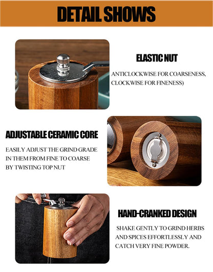 Acacia Wood Salt and Pepper Grinder Mills Sets,Wooden Shakers with Adjustable Ceramic Core,Classic Manual Salt Grinder Refillable Pepper Mill Set with a Gear Crank System for kitchen Spice