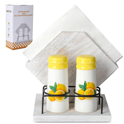 Rustic Farmhouse Napkin Holder Set - Natural Wood Kitchen Organizer with Lemon 2 Salt & Pepper Shakers for Countryside Dining & Minimalist Home Decor (Gift Ready)