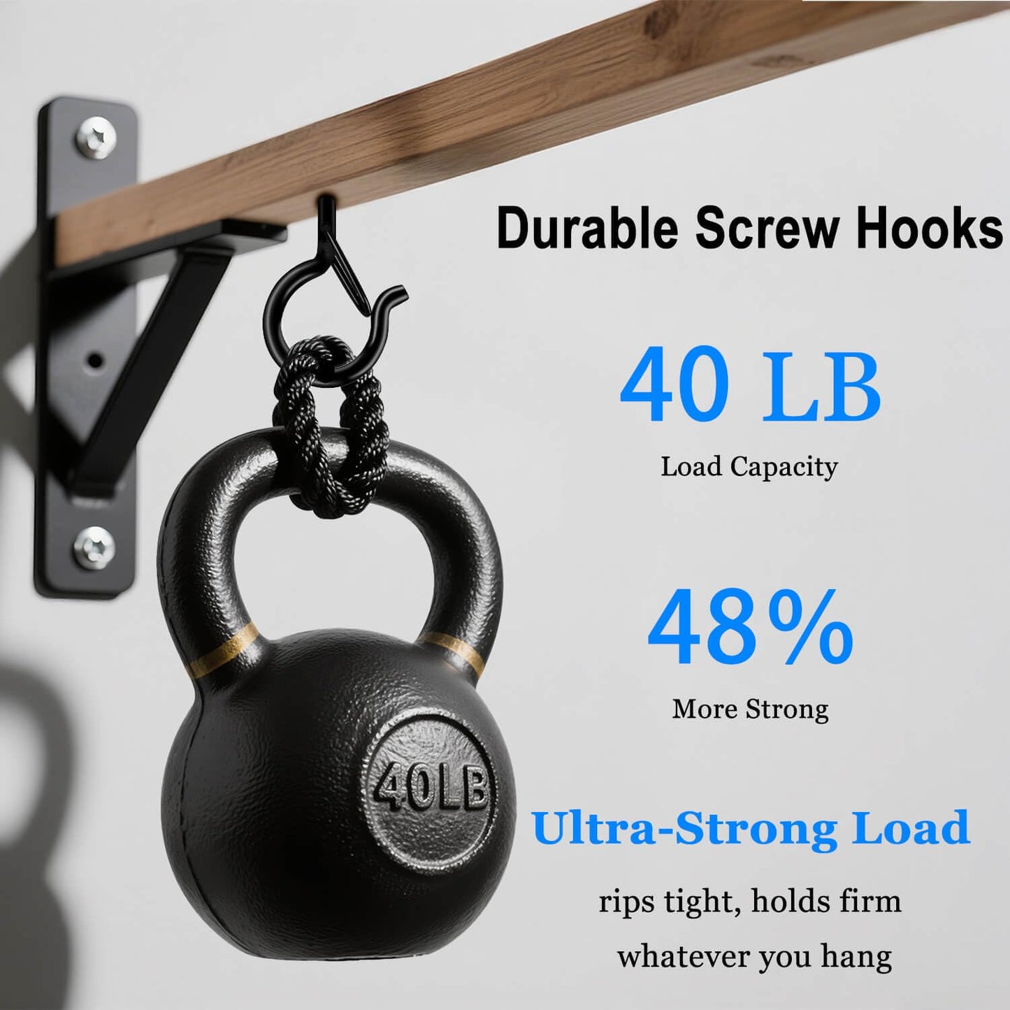 KULOLO 24 Pack Black Screw Hooks with Safety Buckle - 2.3 Inch Rustproof Eye Ceiling Hooks for Hanging Plants,Outdoor String Lights,Baskets,Christmas Lights & Decor,40lb Capacity (24, Black)