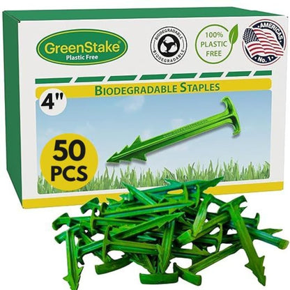 Pack of 50 - GreenStake 4-Inch Biodegradable Garden Stakes, Superior Holding Power - Eco-Friendly Garden Support Pegs & Fabric Pins for Membrane, Netting, Turf, Landscaping and Gardening