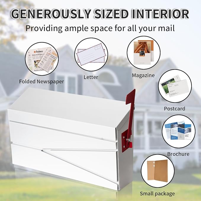Ydocabinit Wall Mount Mailbox, Large Capacity Mailbox for House, with Flag Kit, Galvanized Steel Rust-Proof Metal Post Drop Box, Mailboxes for Outside, 15.74"×9.84"×4.33", White, Modern Sleek Style