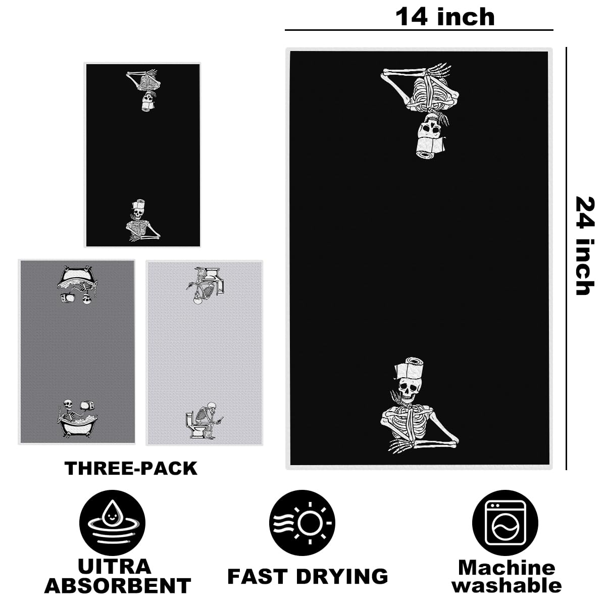Jztco 3 Pcs Funny Skeleton Hand Towel for Bathroom 14x24 Inch, Skull Halloween Kitchen Towels Waffle Weave Hand Cloth Tea Towel, Goth Skeleton Bathroom Decor, Halloween Birthday Gifts