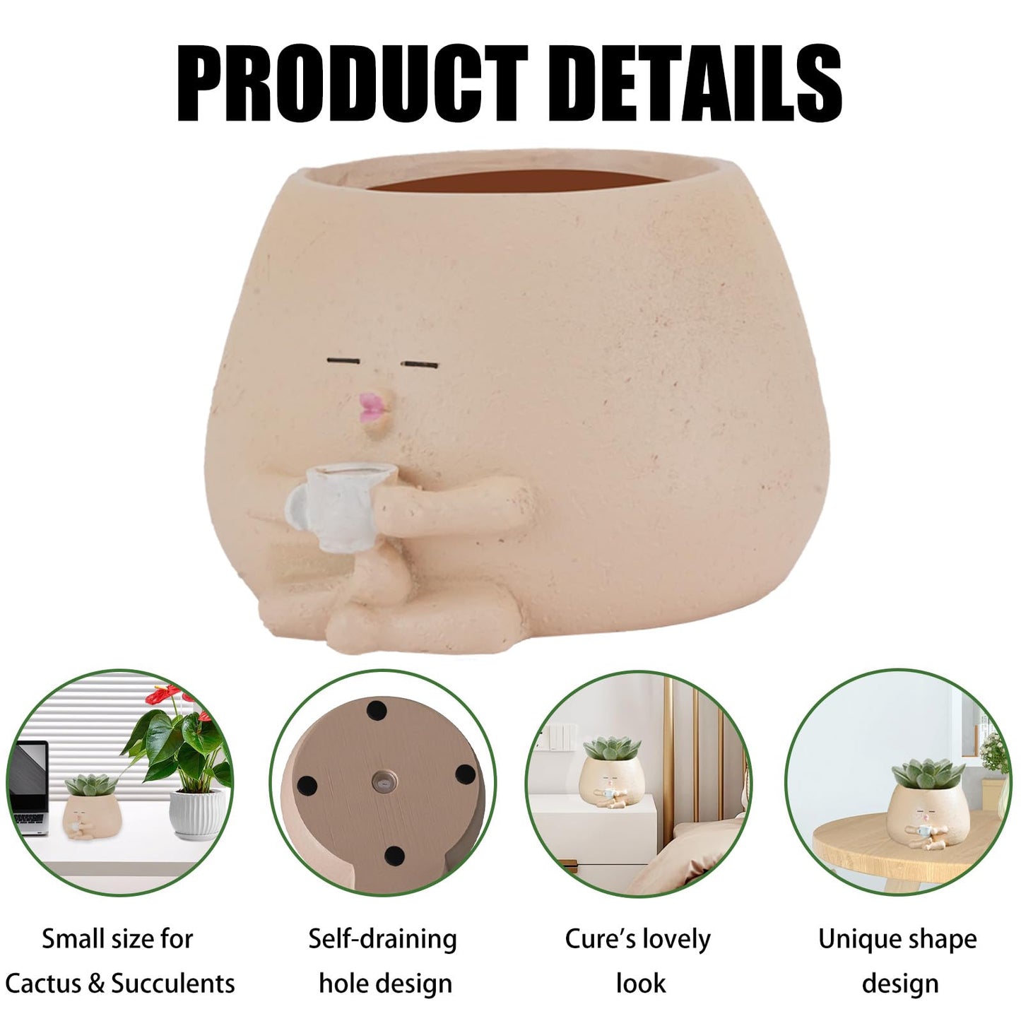 FHDUSRYO Smiley Face Planter Pot, 2Pcs Cute Resin Flower Head Planters for Indoor Outdoor, Unique Sit Succulent Pots with Drainage Hole for Mothers Day, Teacher, Plant Lovers (Drink)