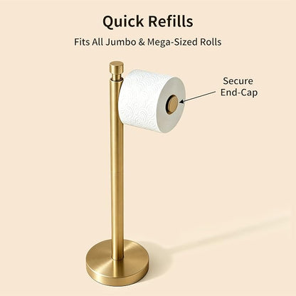 YUMORE Toilet Paper Holder Stand, 4.4lbs Heavy Duty Stainless Steel Free Standing Bathroom Tissue Roll Holder, Brushed Gold