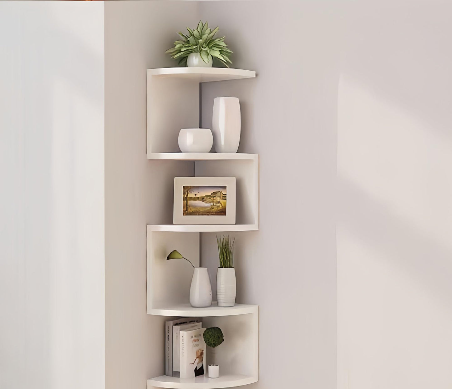 FRAWENLECO No-Drill Modern Corner Shelf Wall Mount, 5-Tier Floating Storage Rack, Corner Bookshelf with Hooks, Space-Saving Zigzag Plant Shelf for Bedroom, Living Room, Bathroom, Home Office(White)