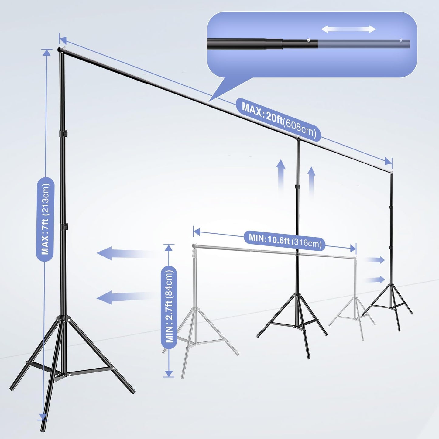 EMART Backdrop Stand, 20x7ft(WxH) Large Adjustable Background Support System with 308° Angle Rotatable Connector, 8 Clamps, 3 Sandbags and Carry Bag for Parties, Wedding, Photography Studio