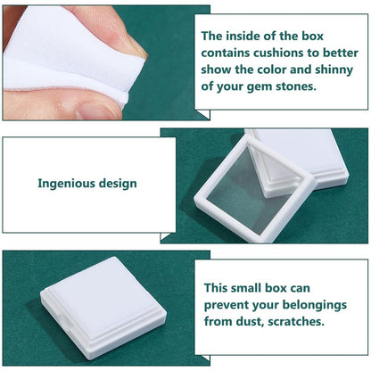 BENECREAT 48Pcs White Gemstone Display Box, 1.57x1.57x0.6Inch Plastic Transparent Bare Stone Box Square Gem Box with Clear Top Lids for Gems Jewelry Packing