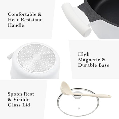 7 QT Steamer Pot for Cooking, Large Steaming Pot with Lid, Nonstick Cooking Pot with Vegetable & Dumpling Steamer Basket, Big Food Steamer Cookware, Induction Compatible, PFOA Free, White