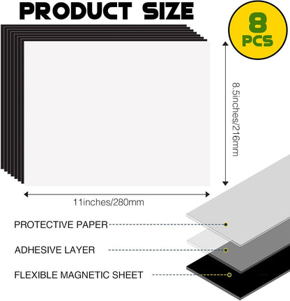 Adhesive Magnetic Sheets for Letter Size 8.5x11 (Pack of 8),Magnet Sheets with Self-Stick Adhesive for Home/Classroom/Office,Easy Cut DIY Paper Craft Magnet